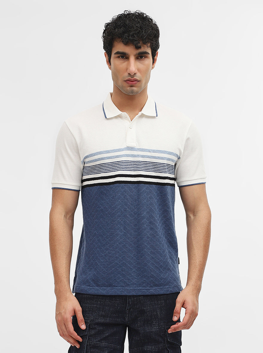 Blue & White Striped Slim Fit Polo T-Shirt | Greenfibre