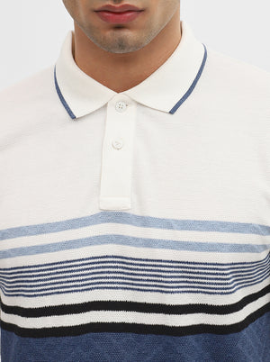 Blue & White Striped Slim Fit Polo T-Shirt | Greenfibre