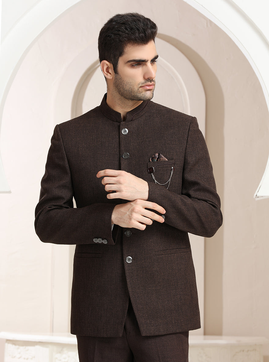 Brown Self Textured Jodhpuri Suit | JadeBlue