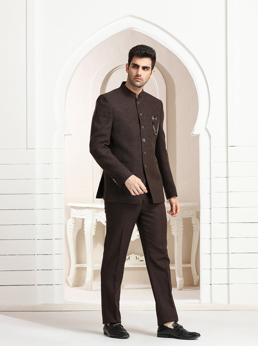Brown Self Textured Jodhpuri Suit | JadeBlue