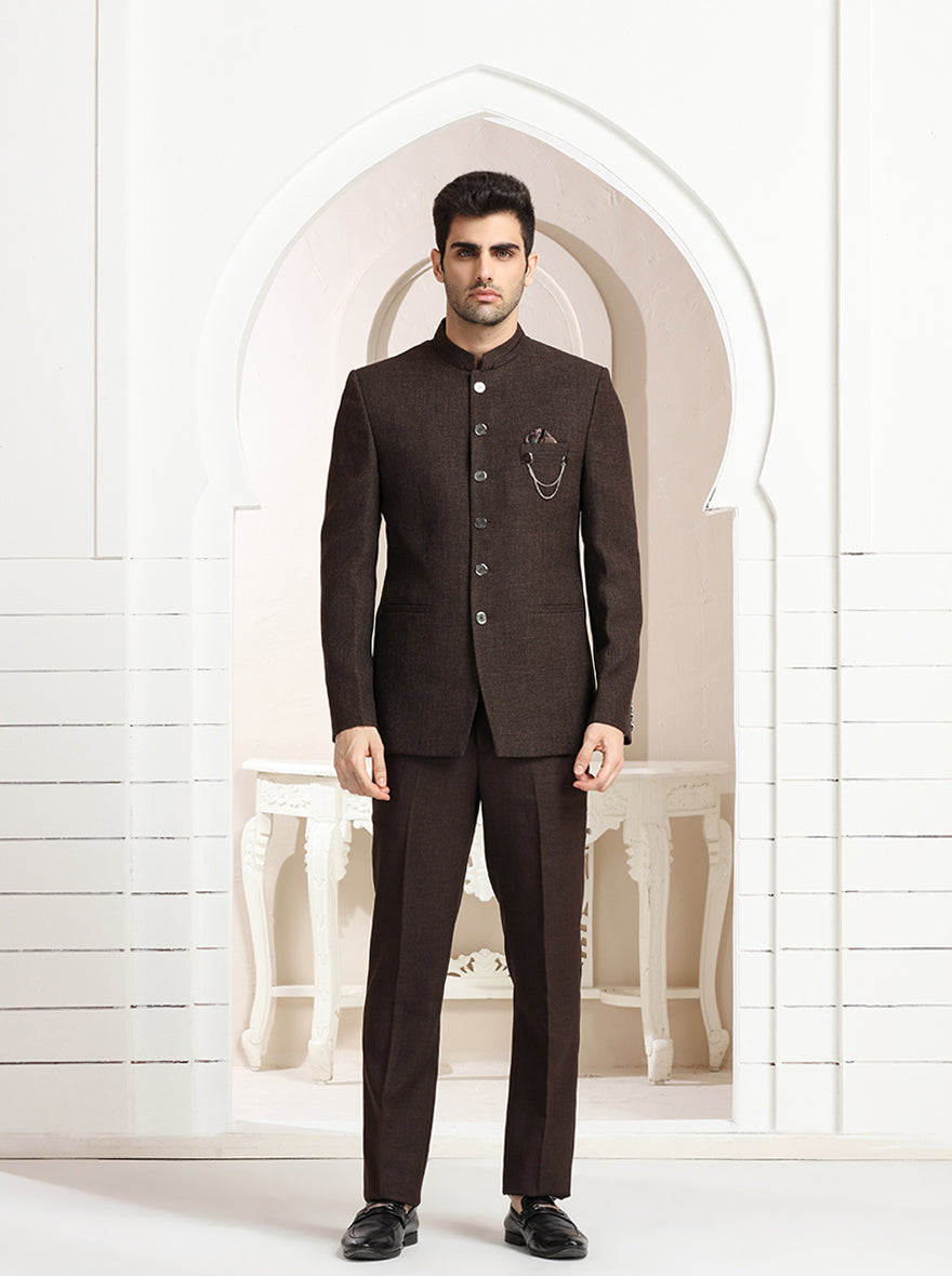 Brown Self Textured Jodhpuri Suit | JadeBlue