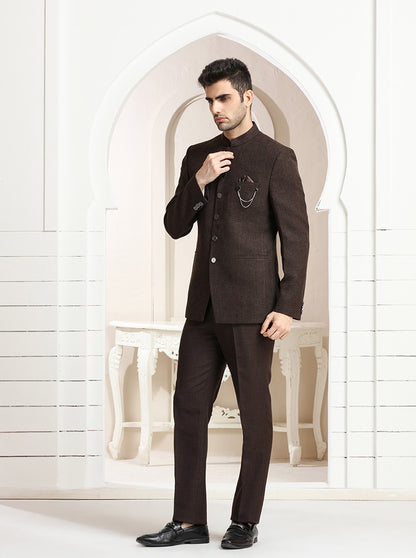 Brown Self Textured Jodhpuri Suit | JadeBlue