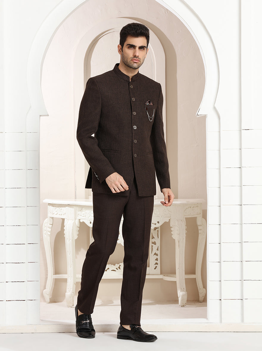 Brown Self Textured Jodhpuri Suit | JadeBlue