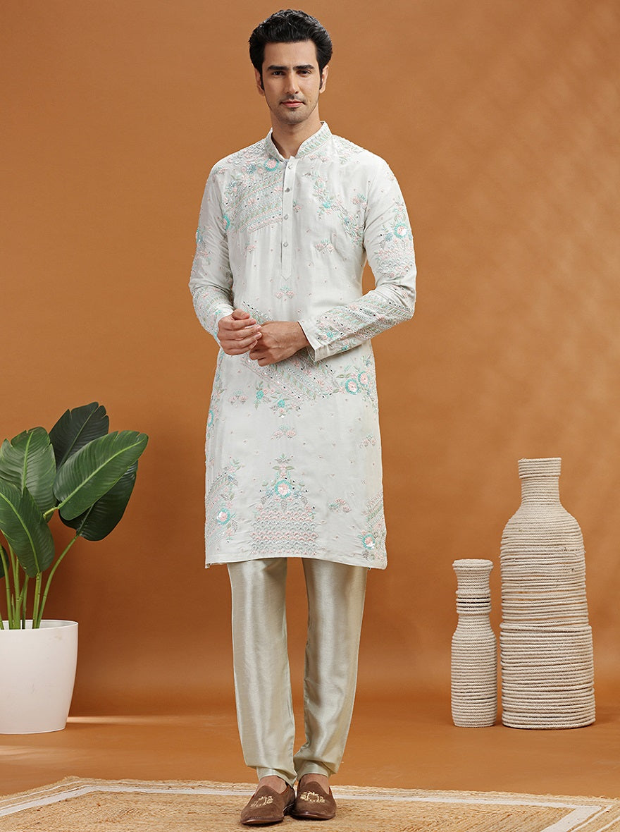 Aqua Grey Embroidered Kurta | TULA