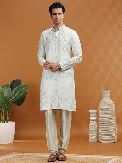 Aqua Grey Embroidered Kurta | TULA
