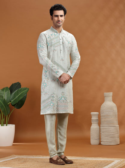 Aqua Grey Embroidered Kurta | TULA