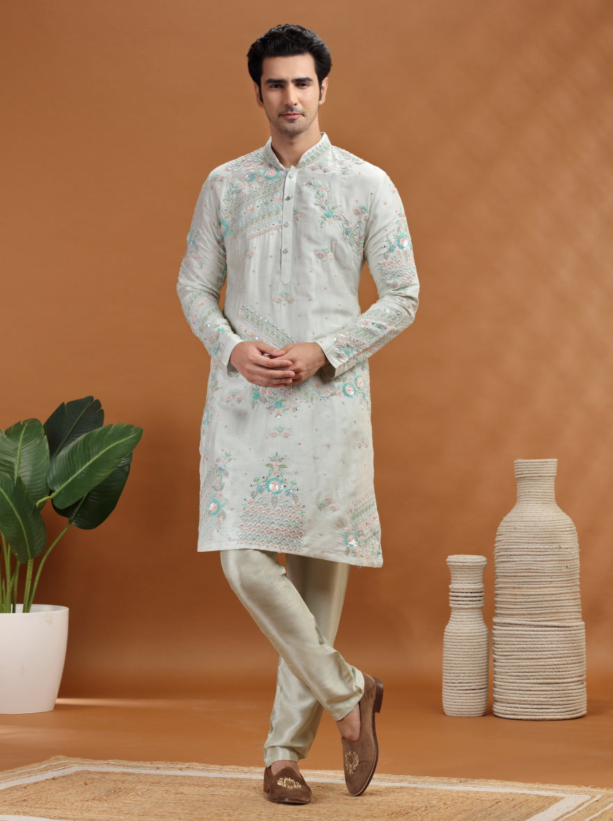 Aqua Grey Embroidered Kurta | TULA