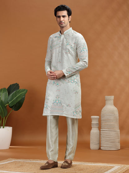Aqua Grey Embroidered Kurta | TULA