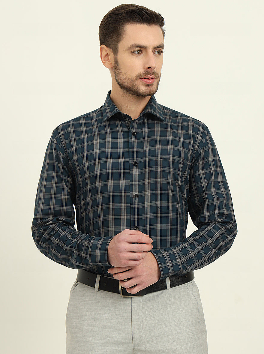 Green & Grey Checked Regular Fit Formal Shirt | JadeBlue
