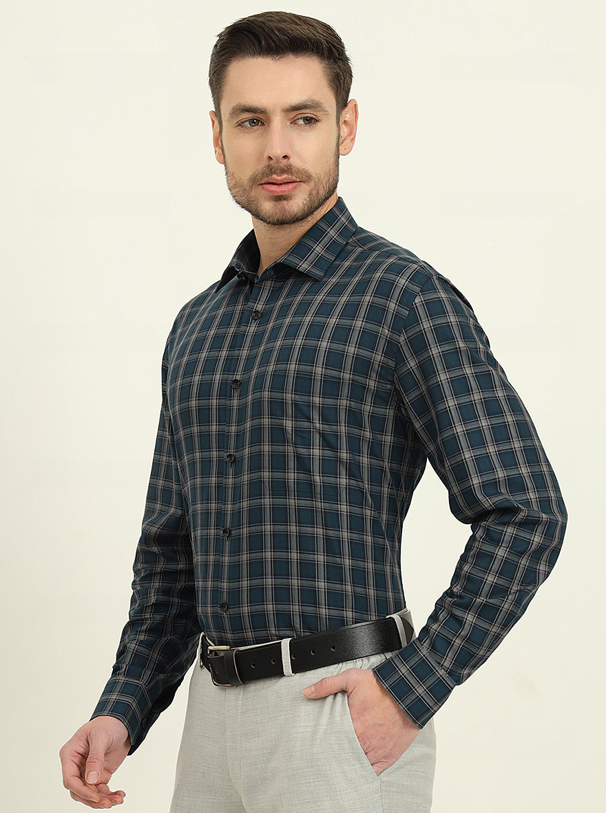 Green & Grey Checked Regular Fit Formal Shirt | JadeBlue