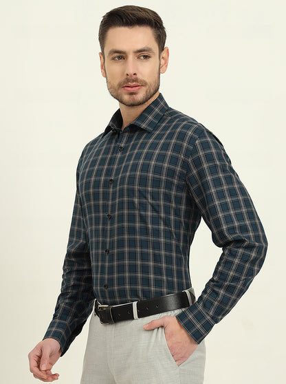 Green & Grey Checked Regular Fit Formal Shirt | JadeBlue