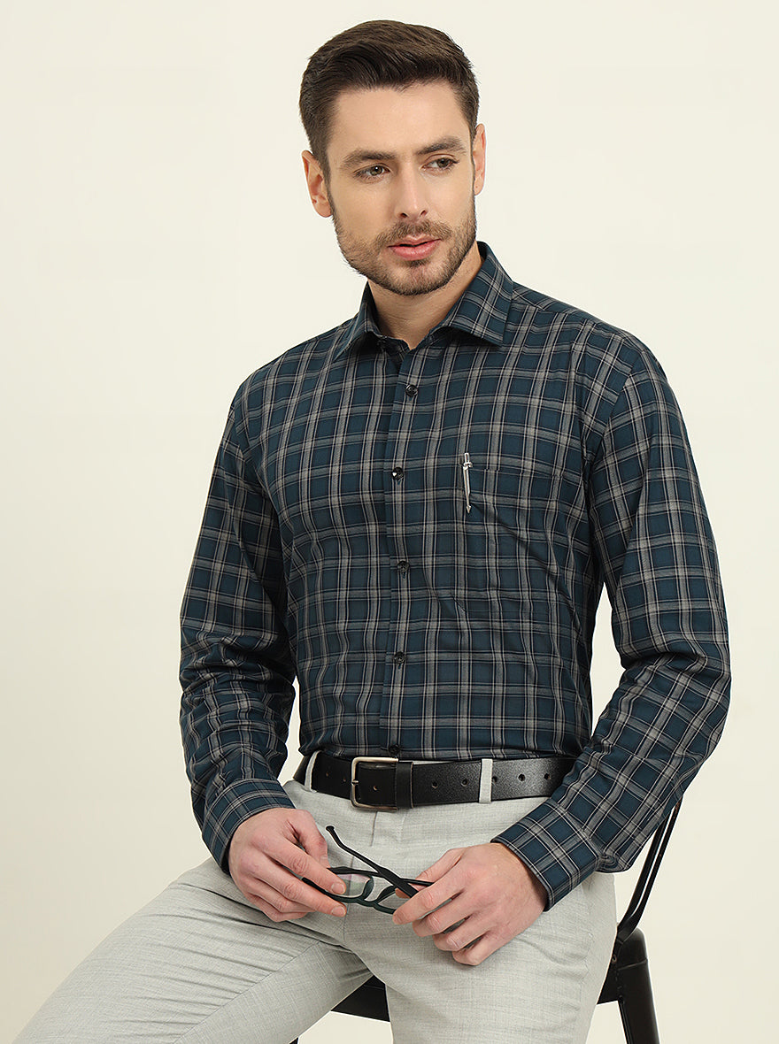 Green & Grey Checked Regular Fit Formal Shirt | JadeBlue