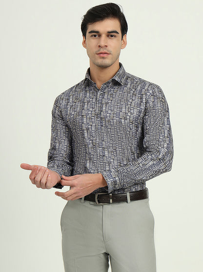 Blue & Grey Printed Slim Fit Party Wear Shirt | Greenfibre
