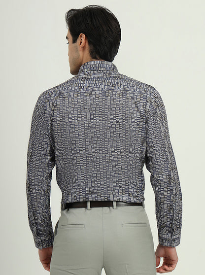 Blue & Grey Printed Slim Fit Party Wear Shirt | Greenfibre