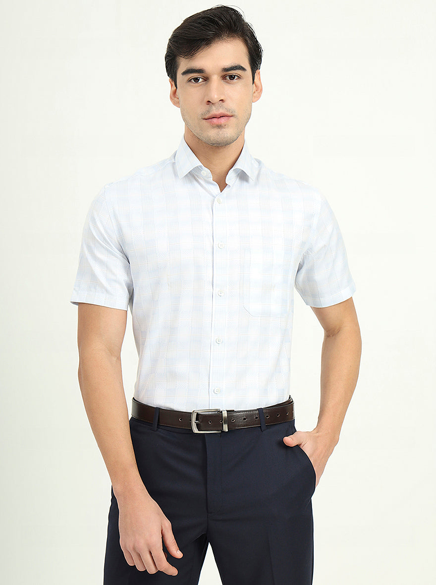 Sea Blue & Grey Checked Regular Fit Formal Shirt | Greenfibre