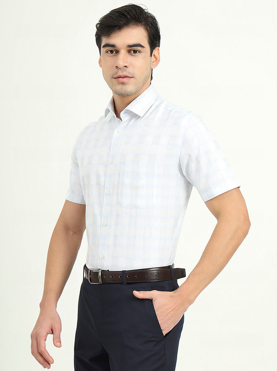 Sea Blue & Grey Checked Regular Fit Formal Shirt | Greenfibre