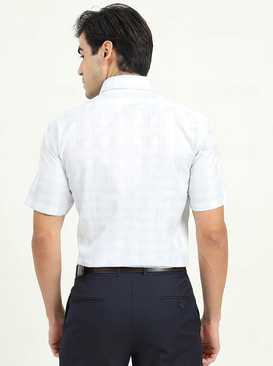Sea Blue & Grey Checked Regular Fit Formal Shirt | Greenfibre