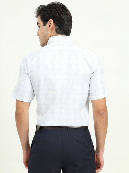 Sea Blue & Grey Checked Regular Fit Formal Shirt | Greenfibre