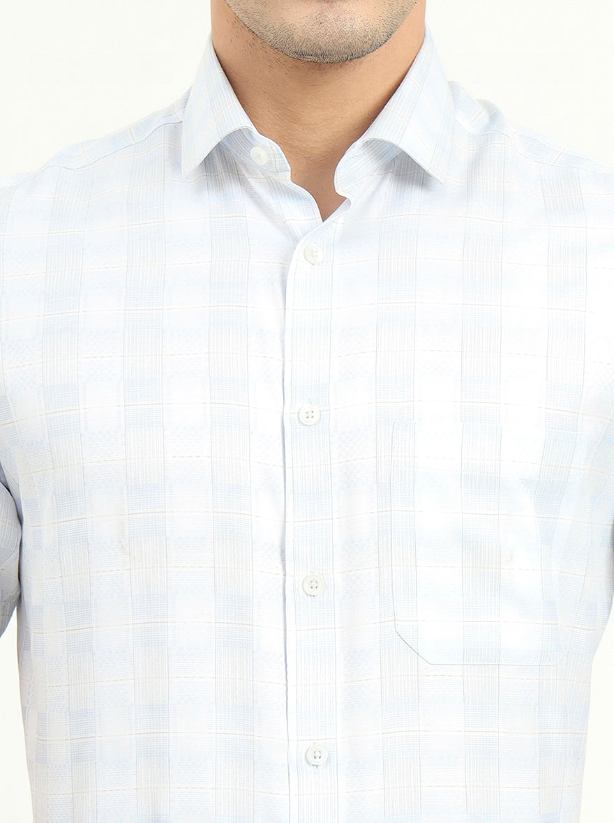 Sea Blue & Grey Checked Regular Fit Formal Shirt | Greenfibre