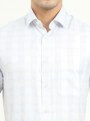 Sea Blue & Grey Checked Regular Fit Formal Shirt | Greenfibre