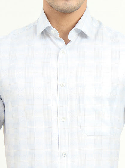 Sea Blue & Grey Checked Regular Fit Formal Shirt | Greenfibre