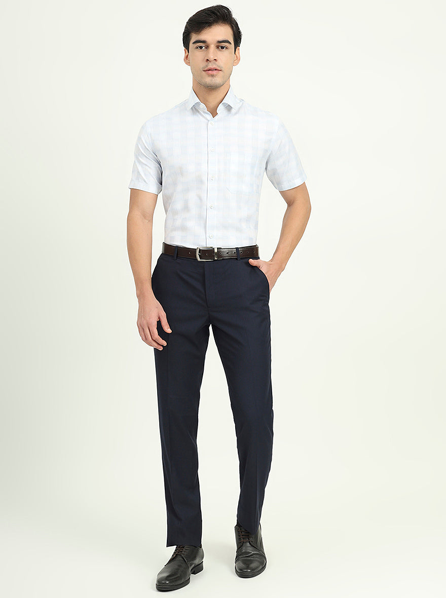 Sea Blue & Grey Checked Regular Fit Formal Shirt | Greenfibre