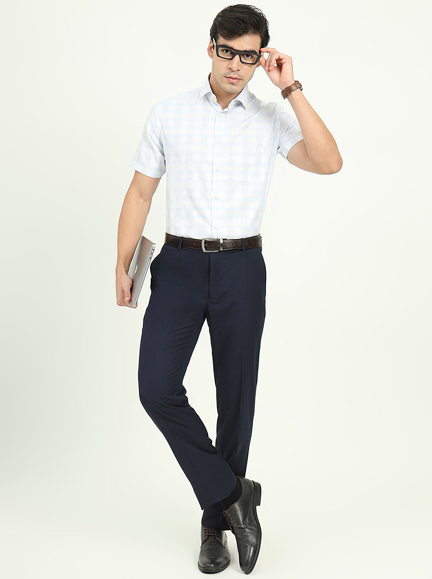 Sea Blue & Grey Checked Regular Fit Formal Shirt | Greenfibre