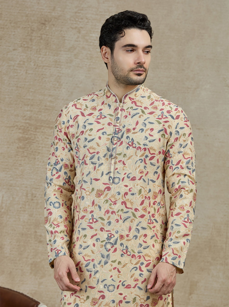 Cream & Grey Printed Kurta Pajama | Virasana