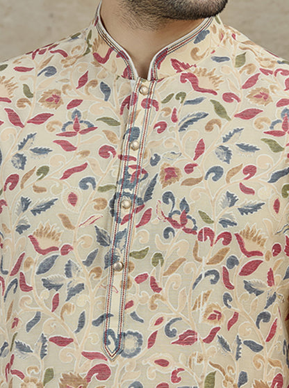 Cream & Grey Printed Kurta Pajama | Virasana