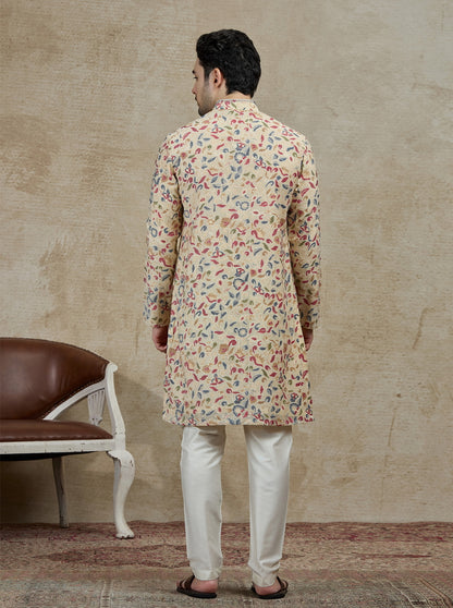 Cream & Grey Printed Kurta Pajama | Virasana
