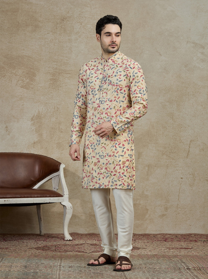 Cream & Grey Printed Kurta Pajama | Virasana