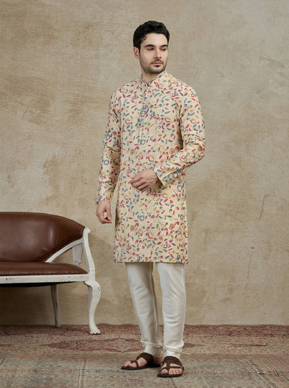 Cream & Grey Printed Kurta Pajama | Virasana