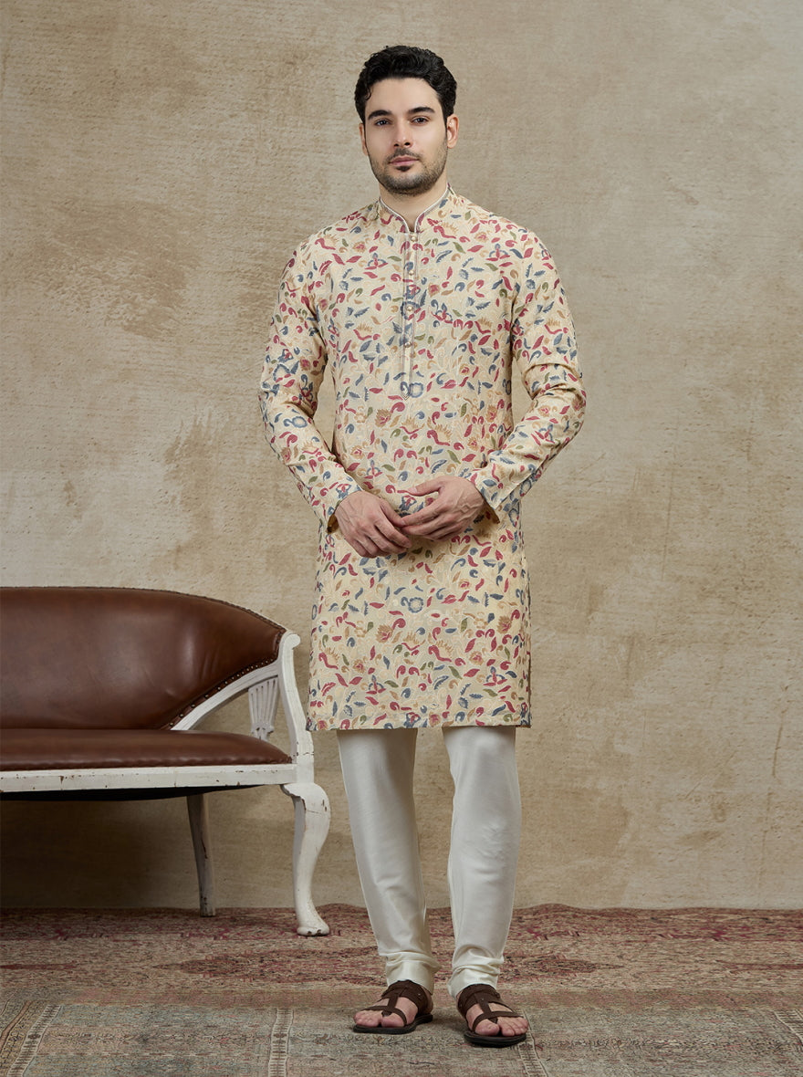 Cream & Grey Printed Kurta Pajama | Virasana