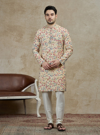 Cream & Grey Printed Kurta Pajama | Virasana
