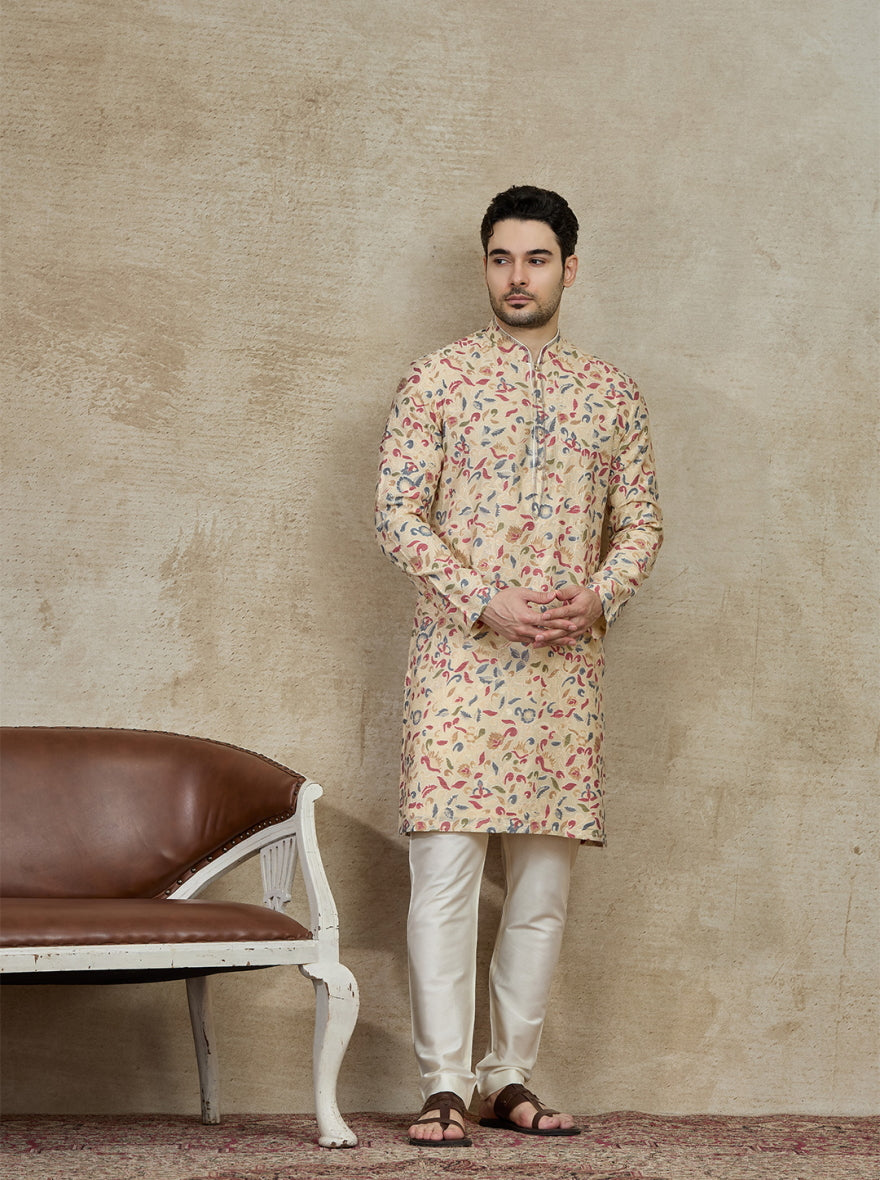 Cream & Grey Printed Kurta Pajama | Virasana