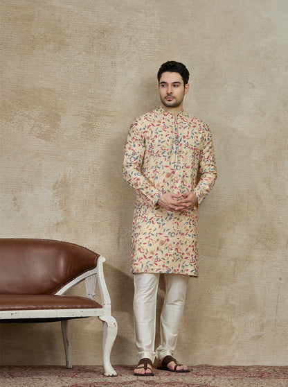 Cream & Grey Printed Kurta Pajama | Virasana