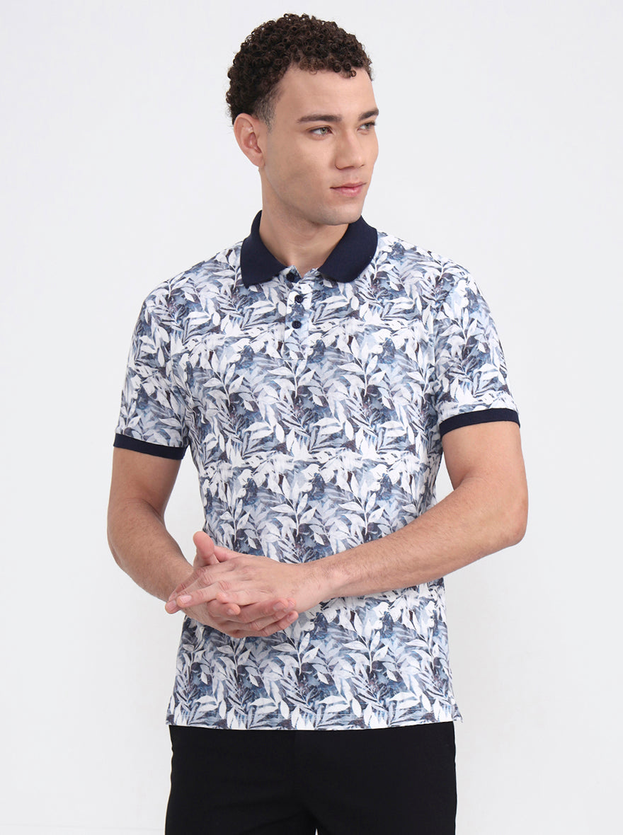 White Printed Slim Fit Polo T-Shirt | JadeBlue