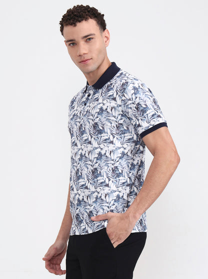 White Printed Slim Fit Polo T-Shirt | JadeBlue