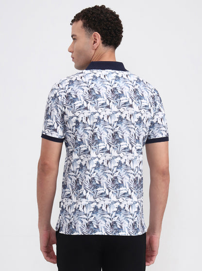 White Printed Slim Fit Polo T-Shirt | JadeBlue
