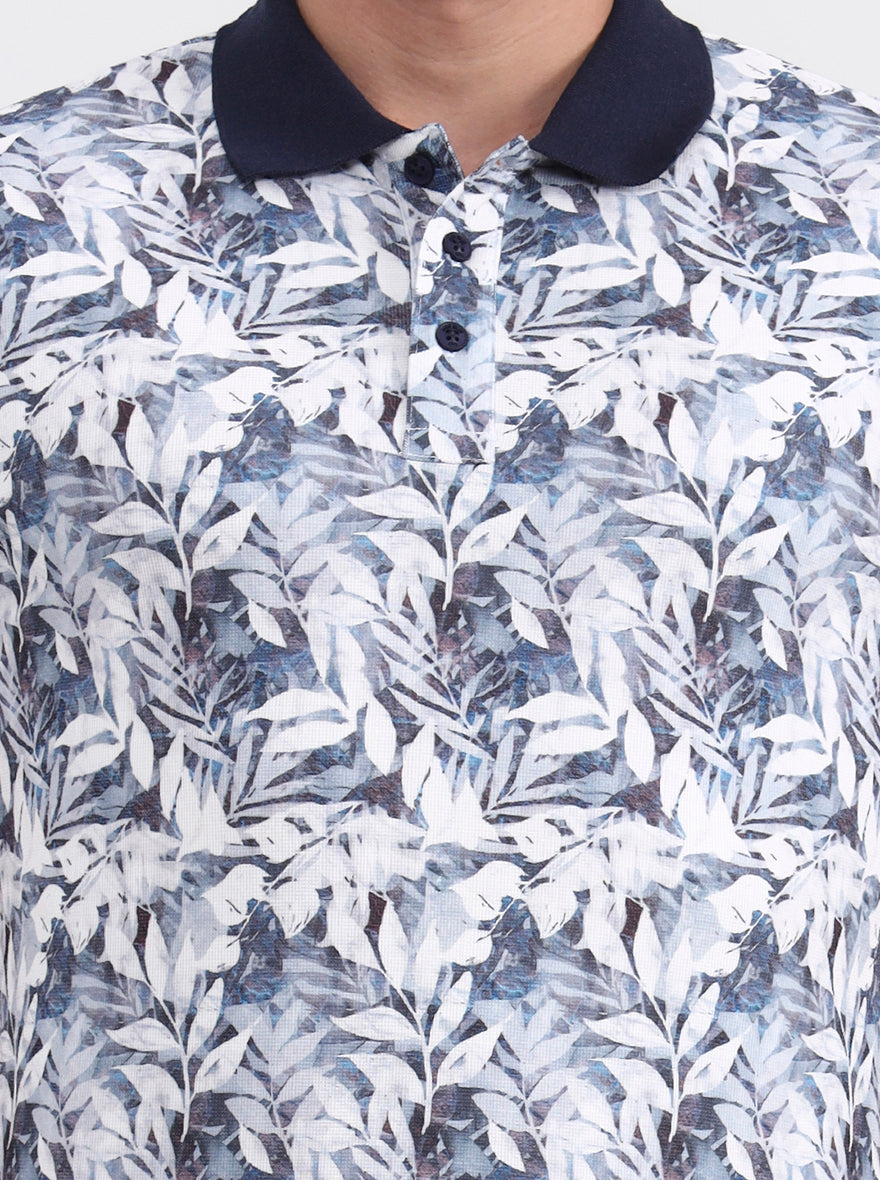 White Printed Slim Fit Polo T-Shirt | JadeBlue