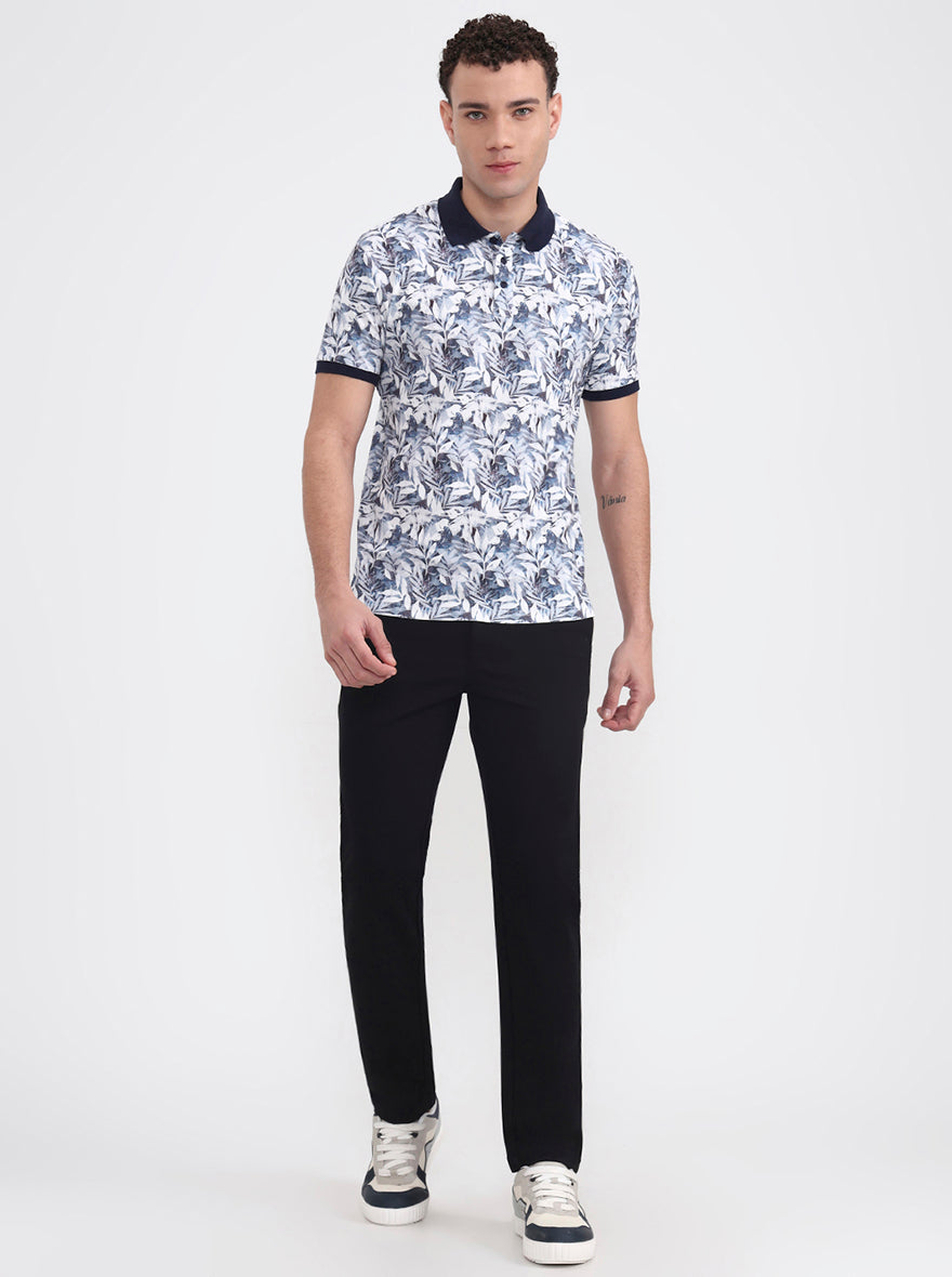 White Printed Slim Fit Polo T-Shirt | JadeBlue