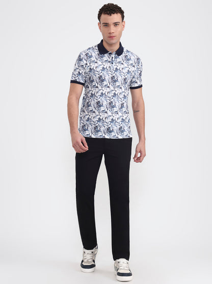 White Printed Slim Fit Polo T-Shirt | JadeBlue
