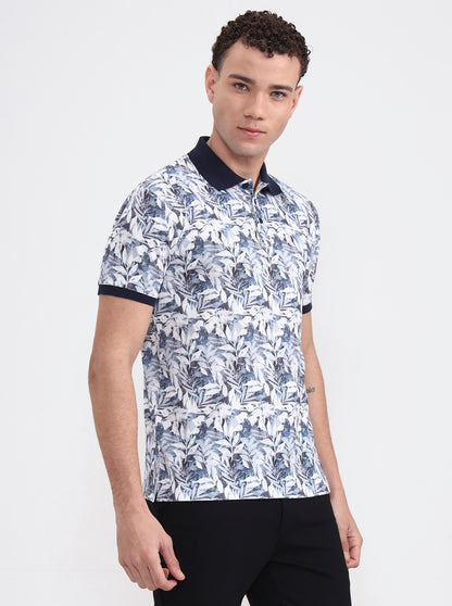 White Printed Slim Fit Polo T-Shirt | JadeBlue