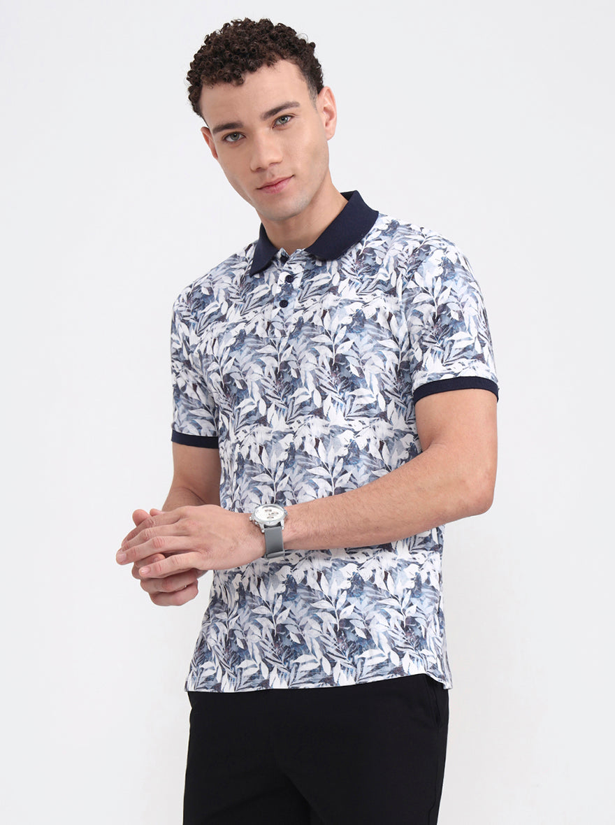 White Printed Slim Fit Polo T-Shirt | JadeBlue