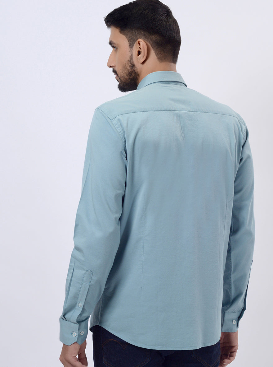 Saje Green Solid Slim Fit Semi Casual Shirt | JadeBlue