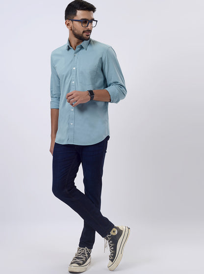 Saje Green Solid Slim Fit Semi Casual Shirt | JadeBlue