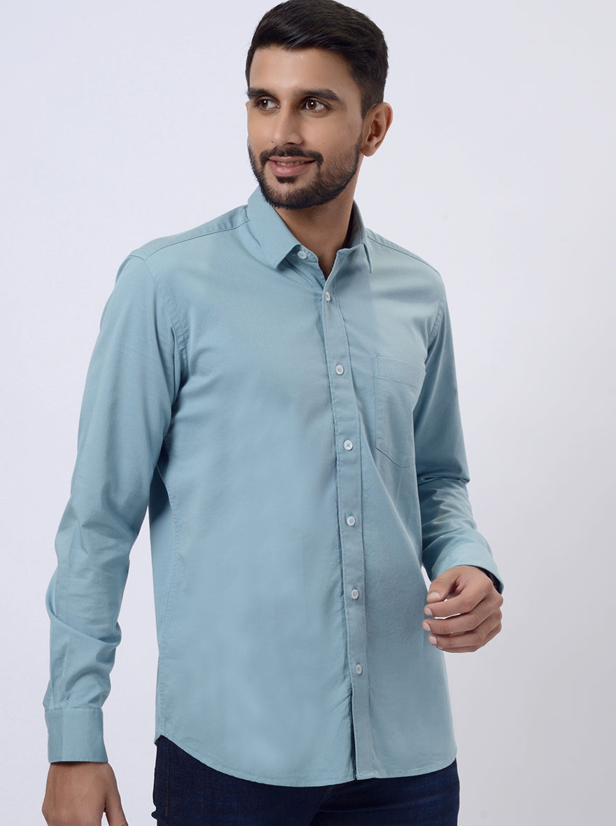 Saje Green Solid Slim Fit Semi Casual Shirt | JadeBlue