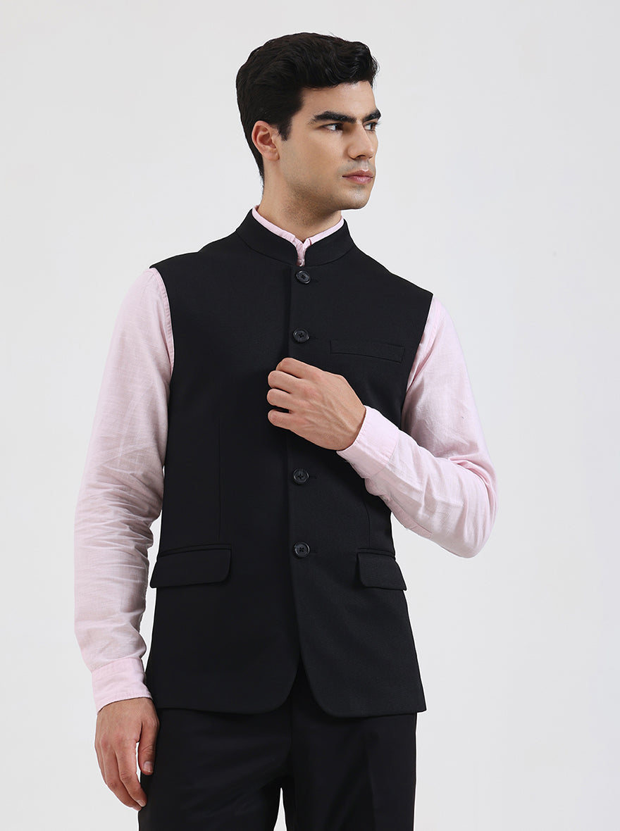 Black Solid Regular Fit Waistcoat | Wyre