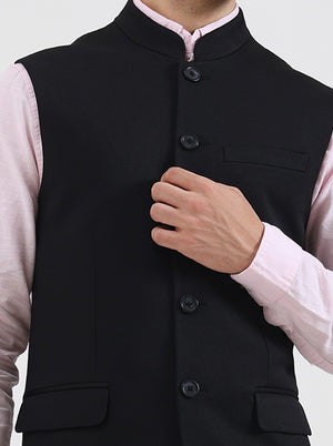 Black Solid Regular Fit Waistcoat | Wyre