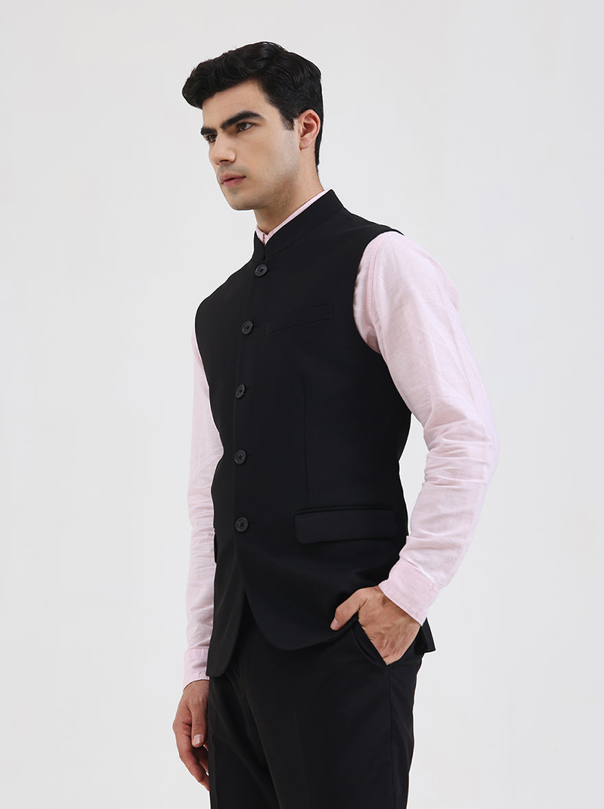 Black Solid Regular Fit Waistcoat | Wyre